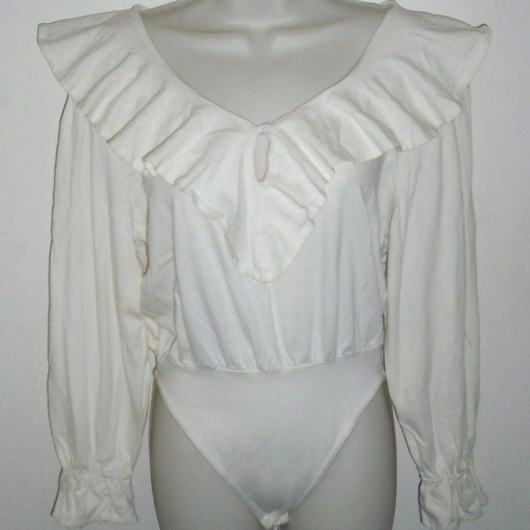 Vintage Rare Ivory Sexy Flared Collar Leotard Bodysuit Top